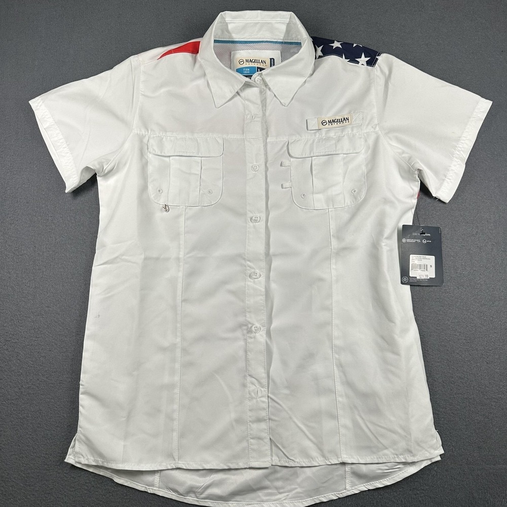 Magellan Outdoors Lake Fork Americana Shirt Womens Small White Fishing NWT *Flaw